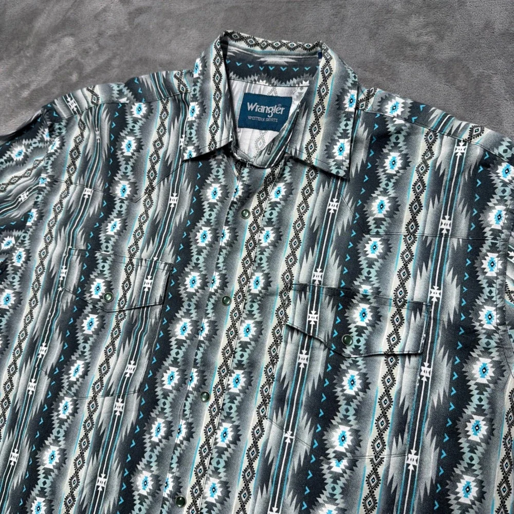 Wrangler Brush Popper Shirt Mens Large Blue Aztec Southwestern‎ Pearl Snap